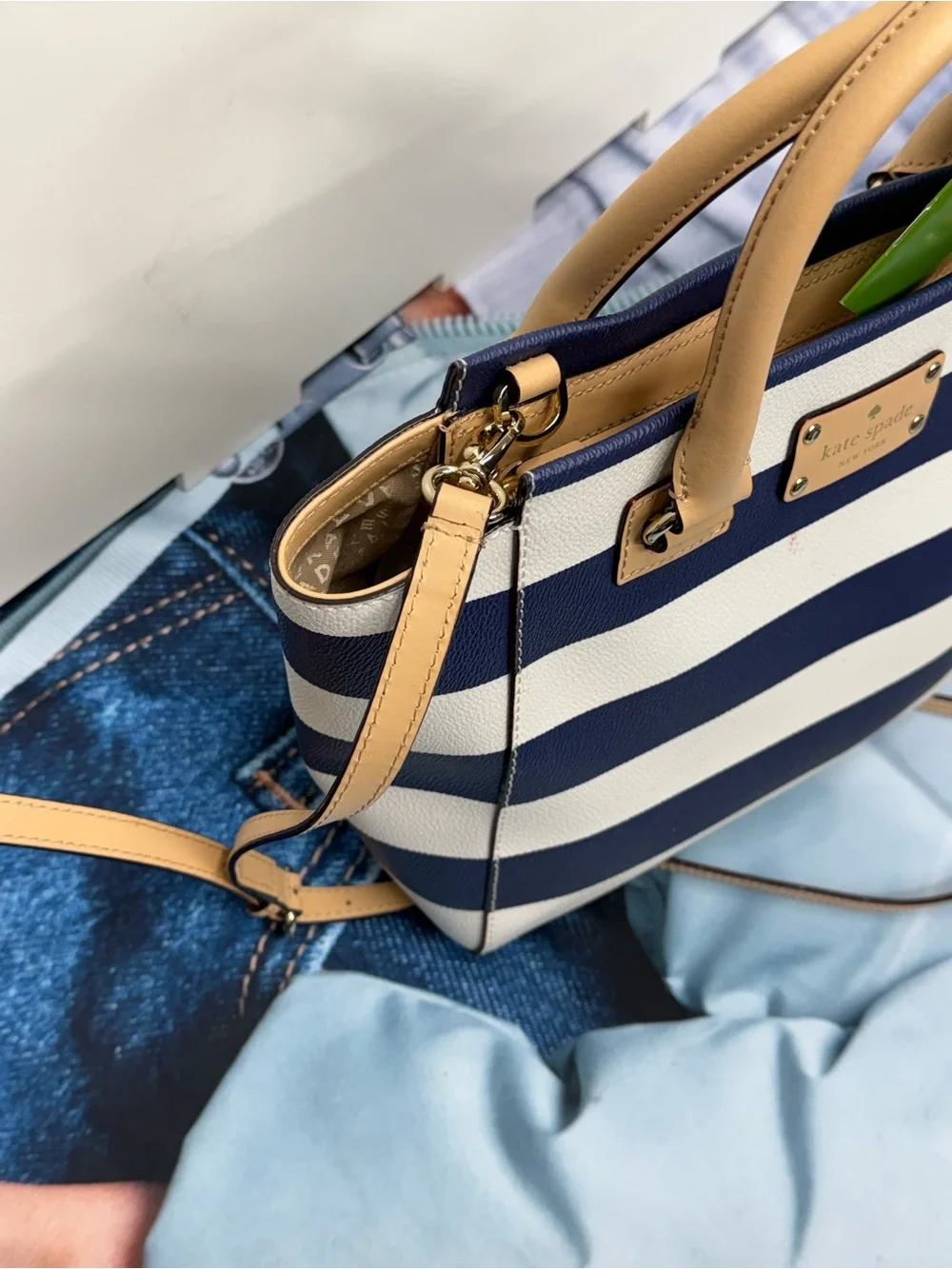 (new+card) Kate Spade Rare Leather Satchel Navy and White Striped Tan Trim